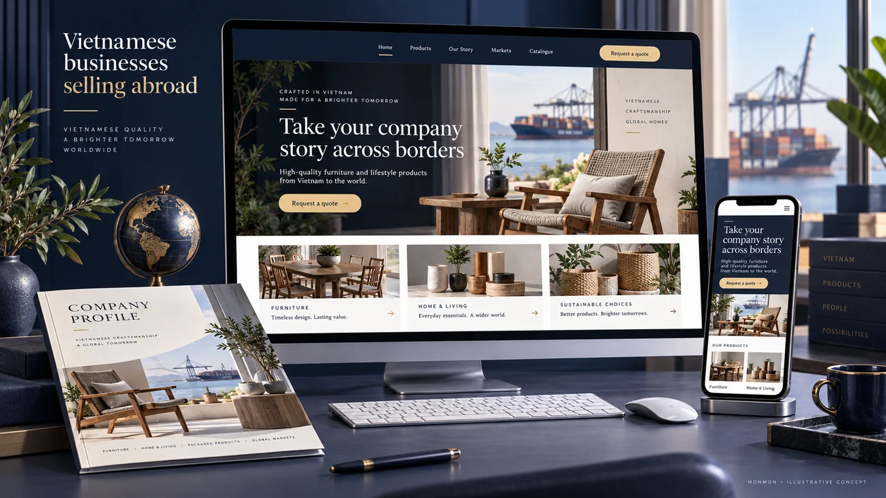 Illustrative desktop and mobile website design and company-profile cover for Vietnamese businesses selling abroad