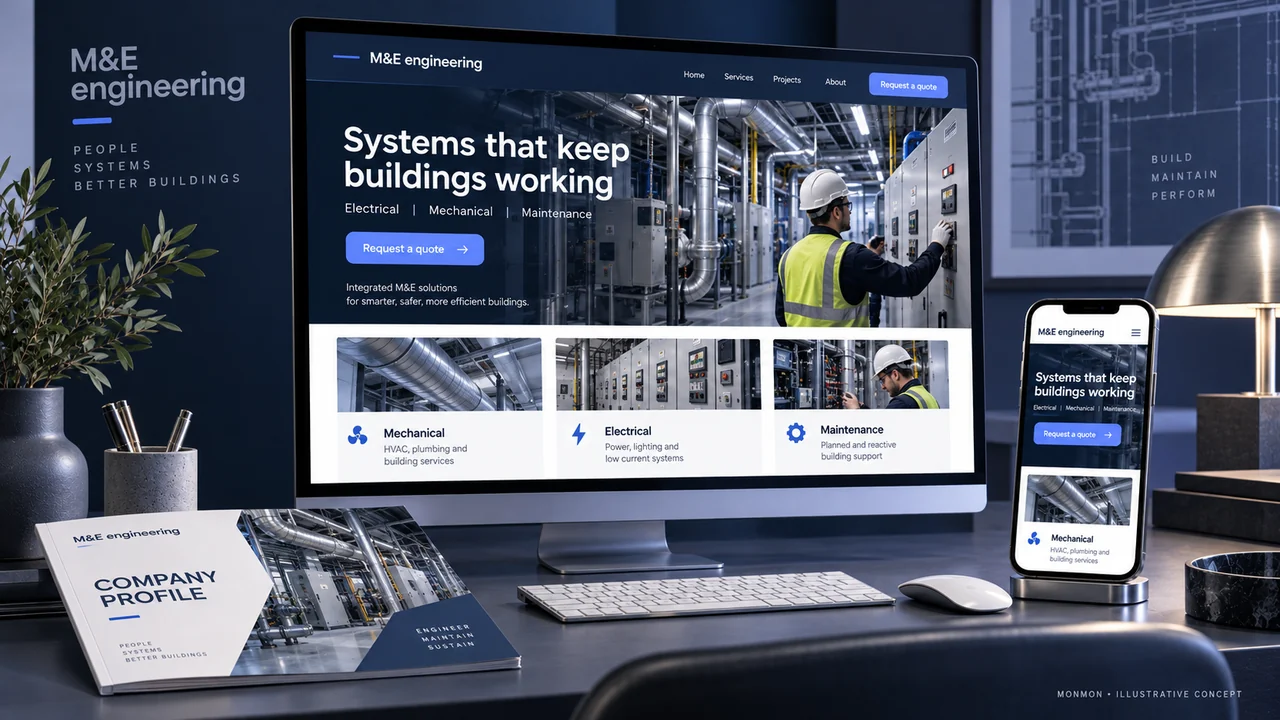 Illustrative desktop and mobile website design and company-profile cover for M&E engineering