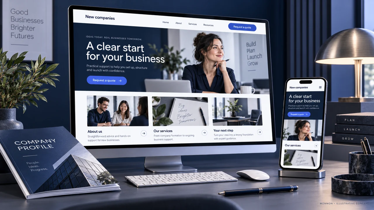 Illustrative desktop and mobile website design and company-profile cover for New companies