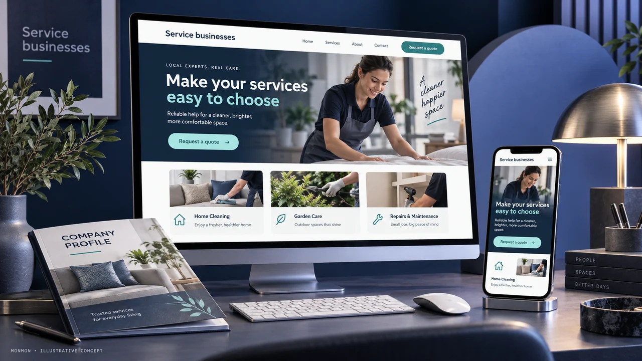Illustrative desktop and mobile website design and company-profile cover for Service businesses