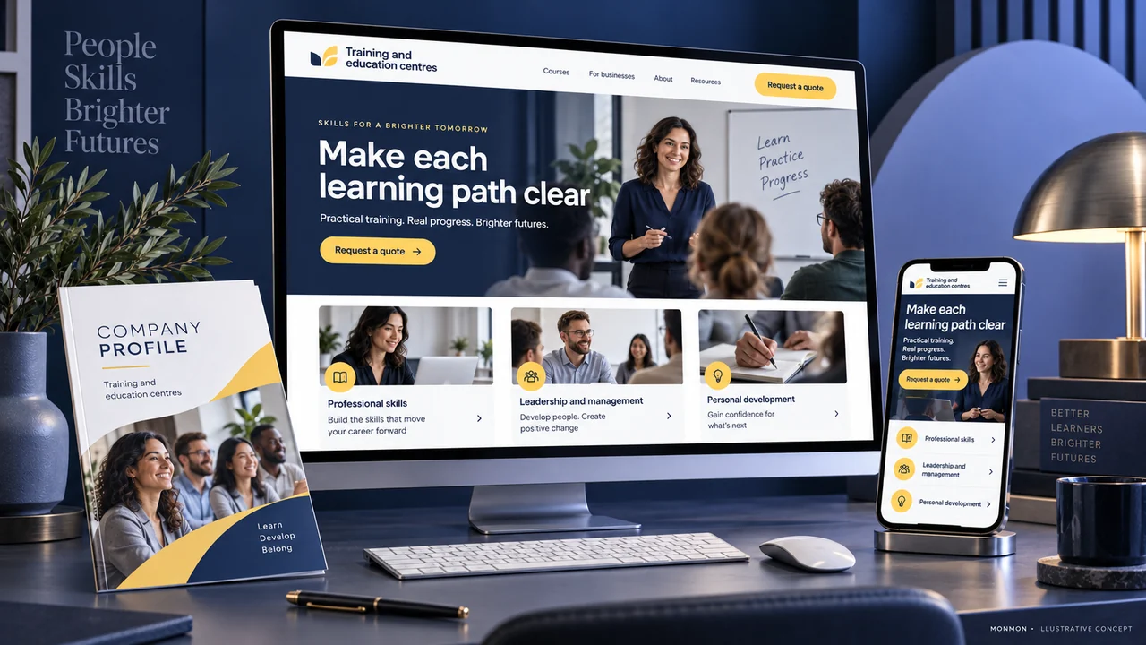 Illustrative desktop and mobile website design and company-profile cover for Training and education centres