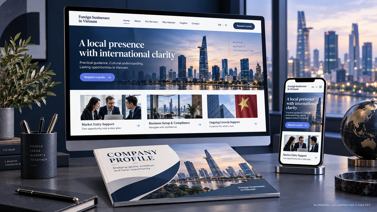 Illustrative desktop and mobile website design and company-profile cover for Foreign businesses in Vietnam