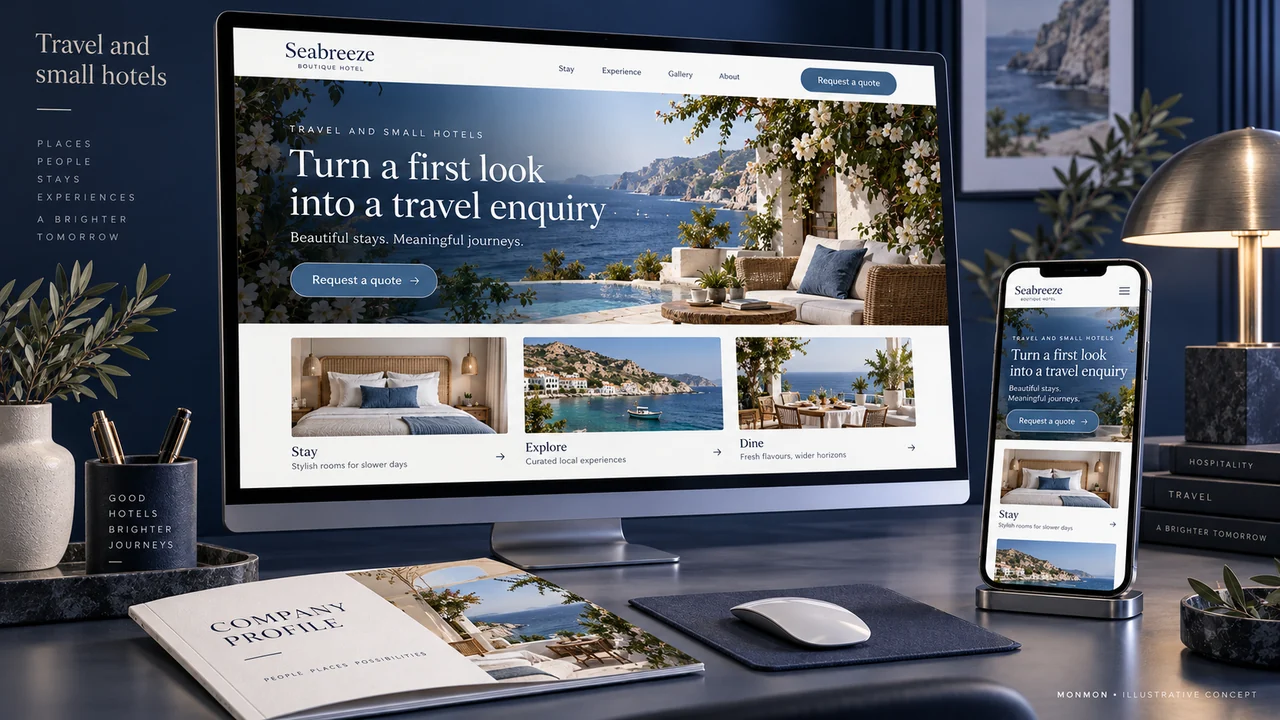 Illustrative desktop and mobile website design and company-profile cover for Travel and small hotels