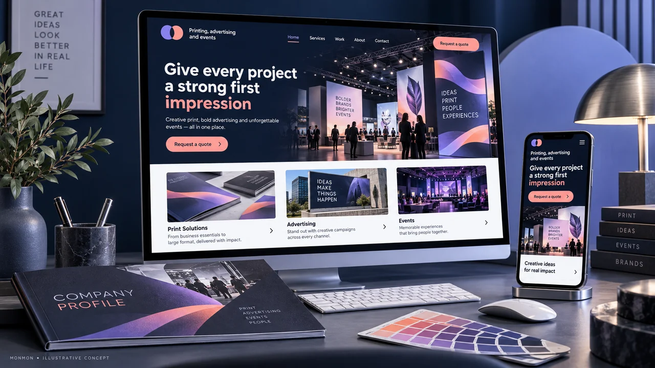 Illustrative desktop and mobile website design and company-profile cover for Printing, advertising and events
