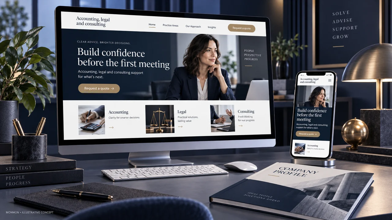 Illustrative desktop and mobile website design and company-profile cover for Accounting, legal and consulting