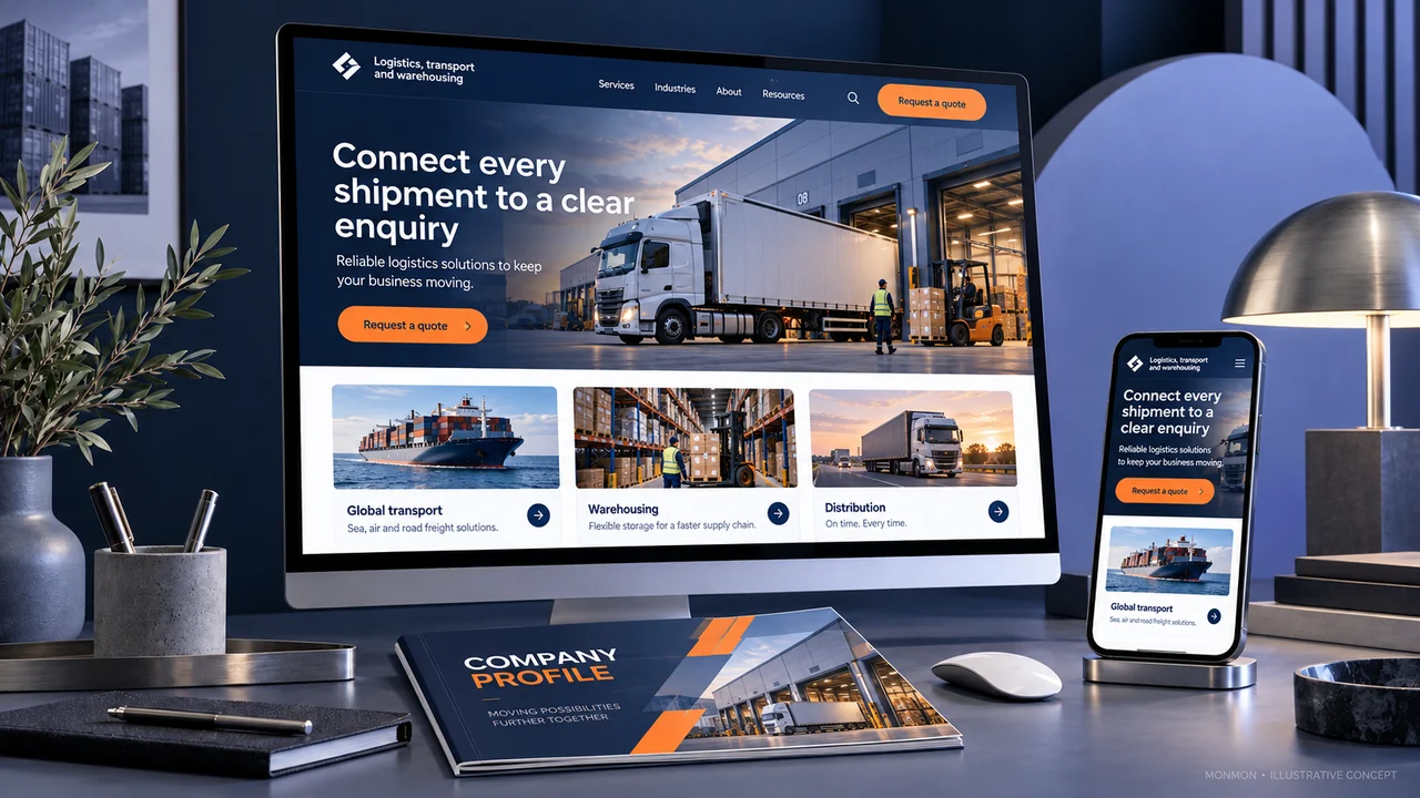 Illustrative desktop and mobile website design and company-profile cover for Logistics, transport and warehousing