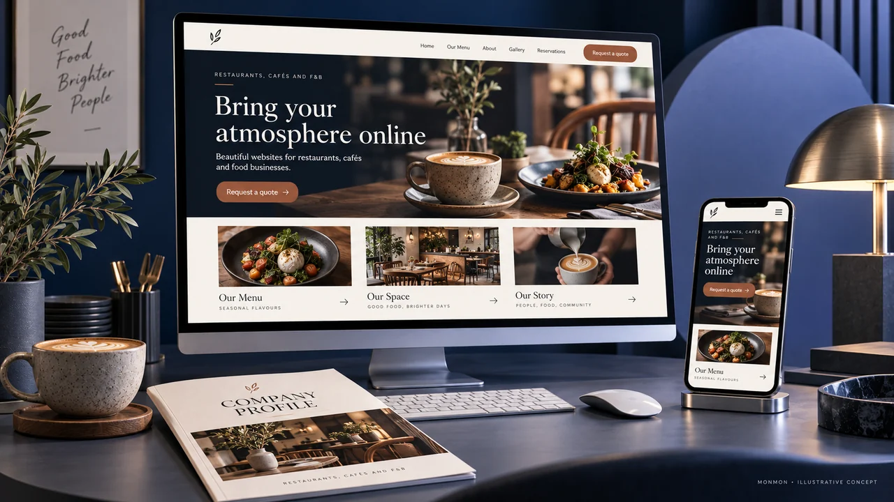Illustrative desktop and mobile website design and company-profile cover for Restaurants, cafés and F&B