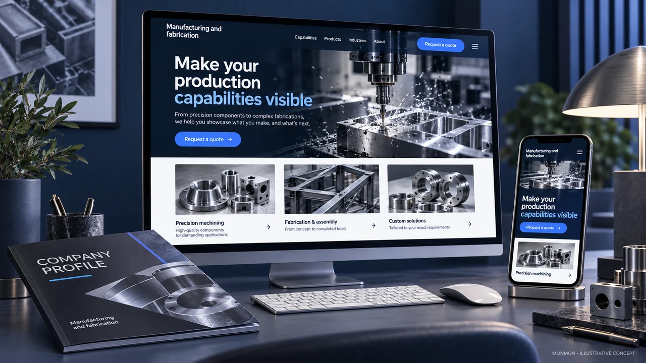Illustrative desktop and mobile website design and company-profile cover for Manufacturing and fabrication