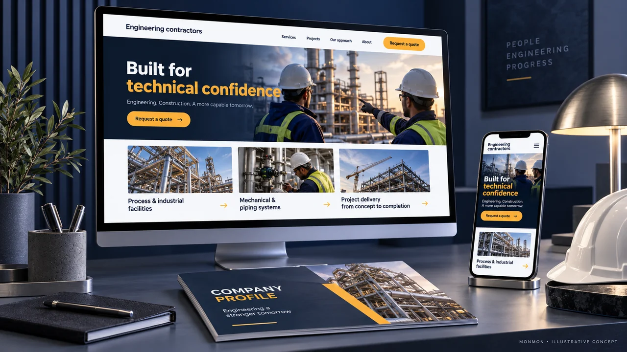 Illustrative desktop and mobile website design and company-profile cover for Engineering contractors