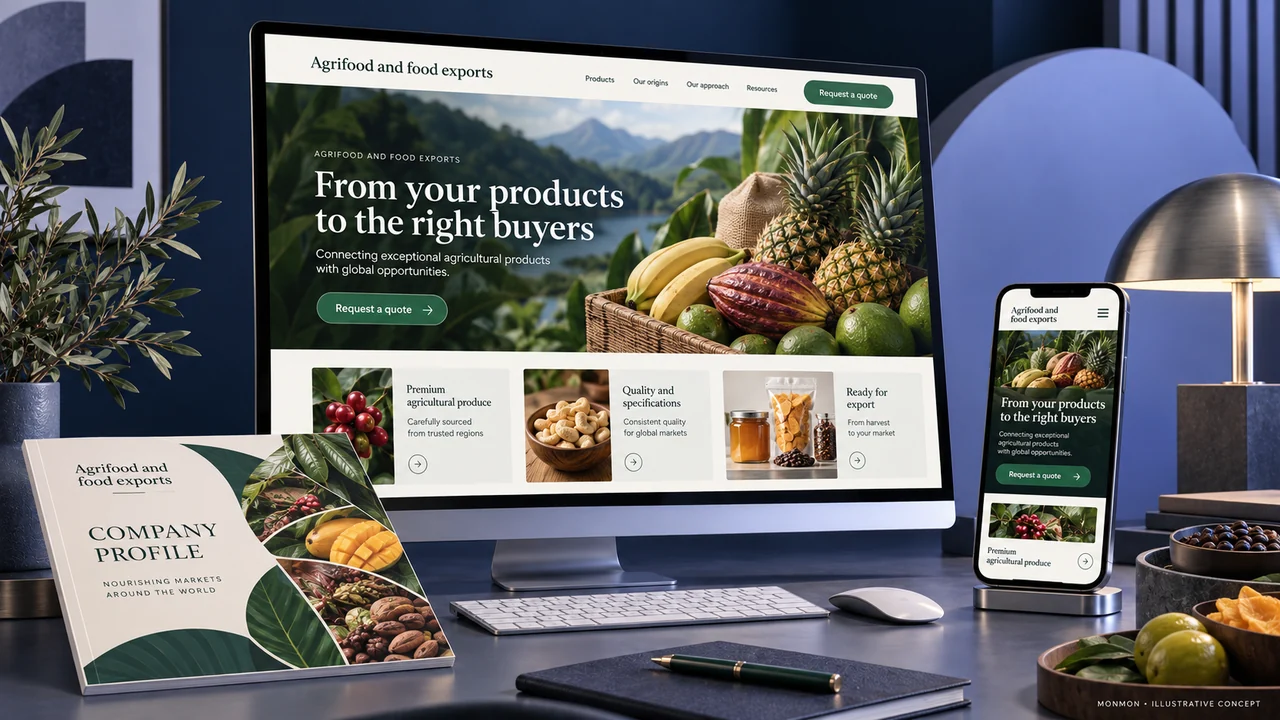 Illustrative desktop and mobile website design and company-profile cover for Agrifood and food exports