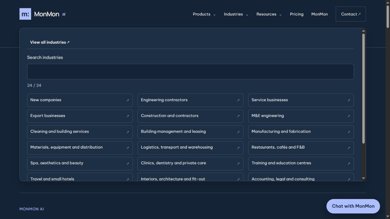 Actual MonMon.ai industry menu captured after deployment