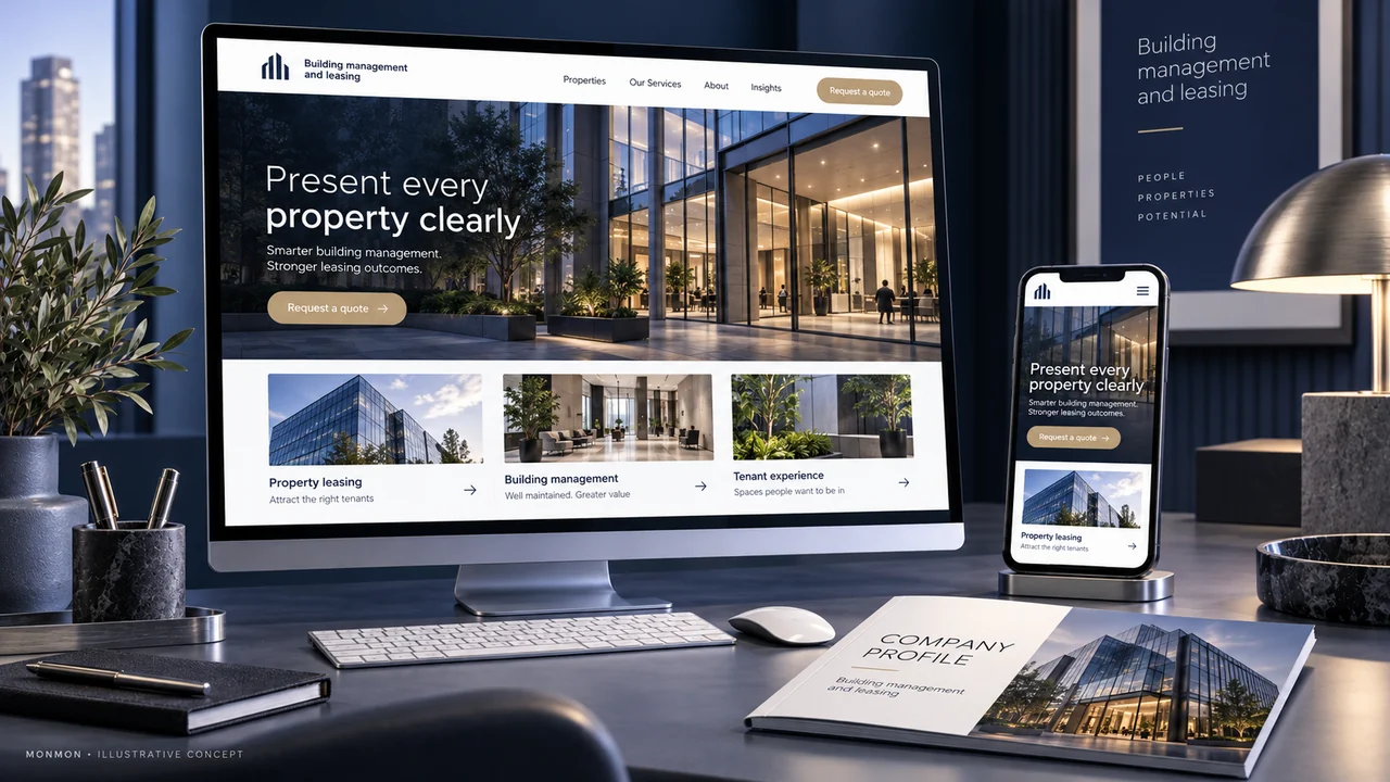 Illustrative desktop and mobile website design and company-profile cover for Building management and leasing