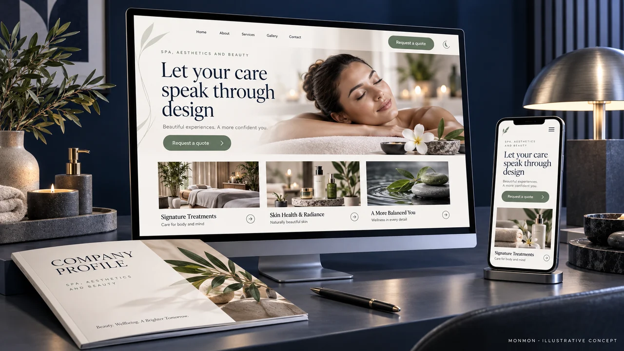 Illustrative desktop and mobile website design and company-profile cover for Spa, aesthetics and beauty