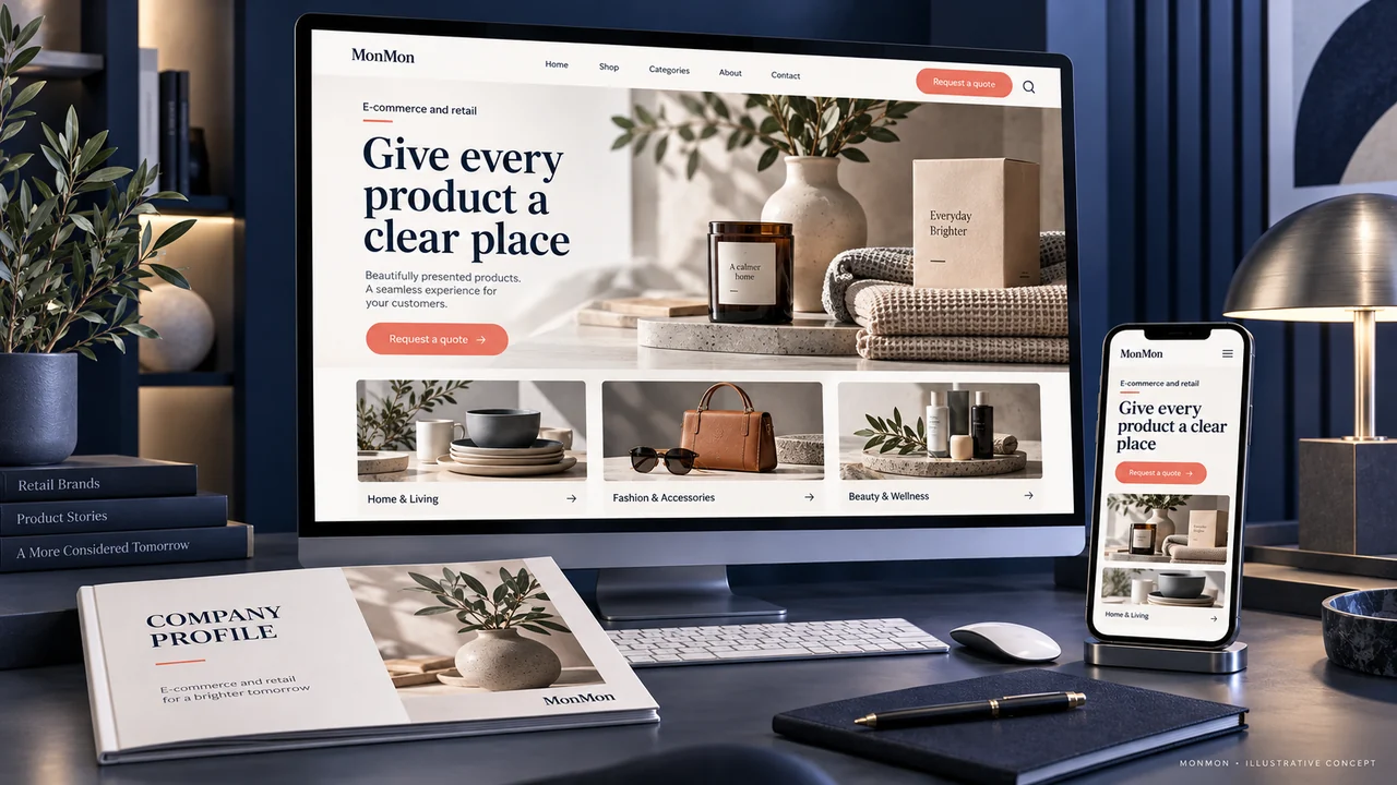 Illustrative desktop and mobile website design and company-profile cover for E-commerce and retail