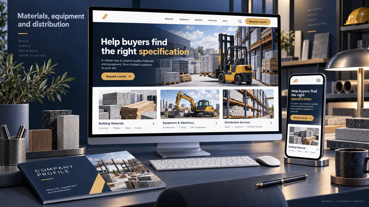 Illustrative desktop and mobile website design and company-profile cover for Materials, equipment and distribution