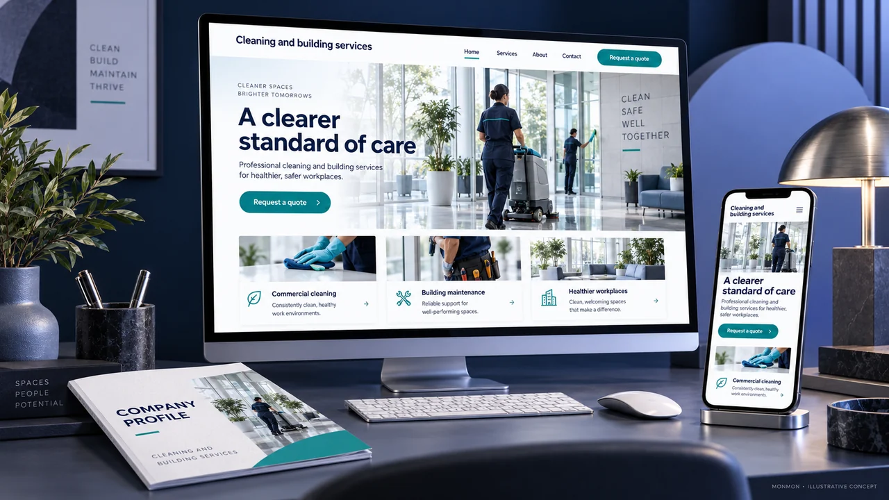 Illustrative desktop and mobile website design and company-profile cover for Cleaning and building services