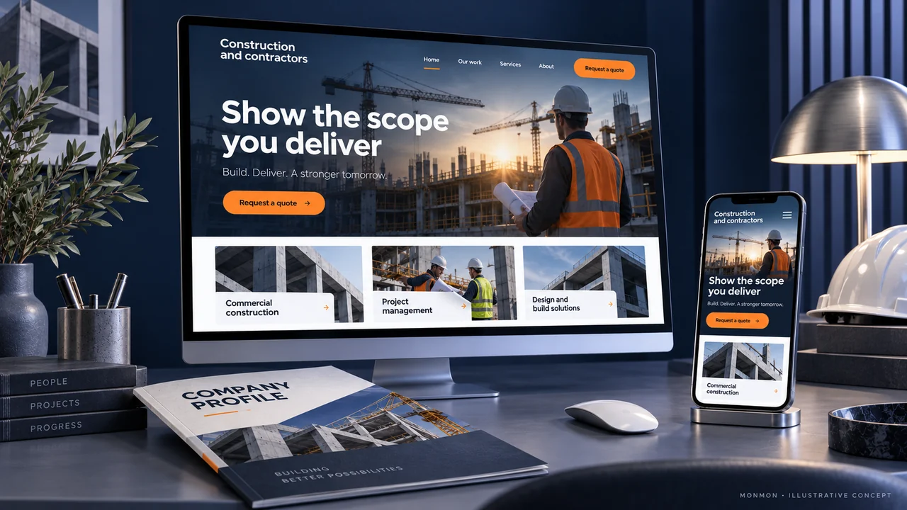 Illustrative desktop and mobile website design and company-profile cover for Construction and contractors