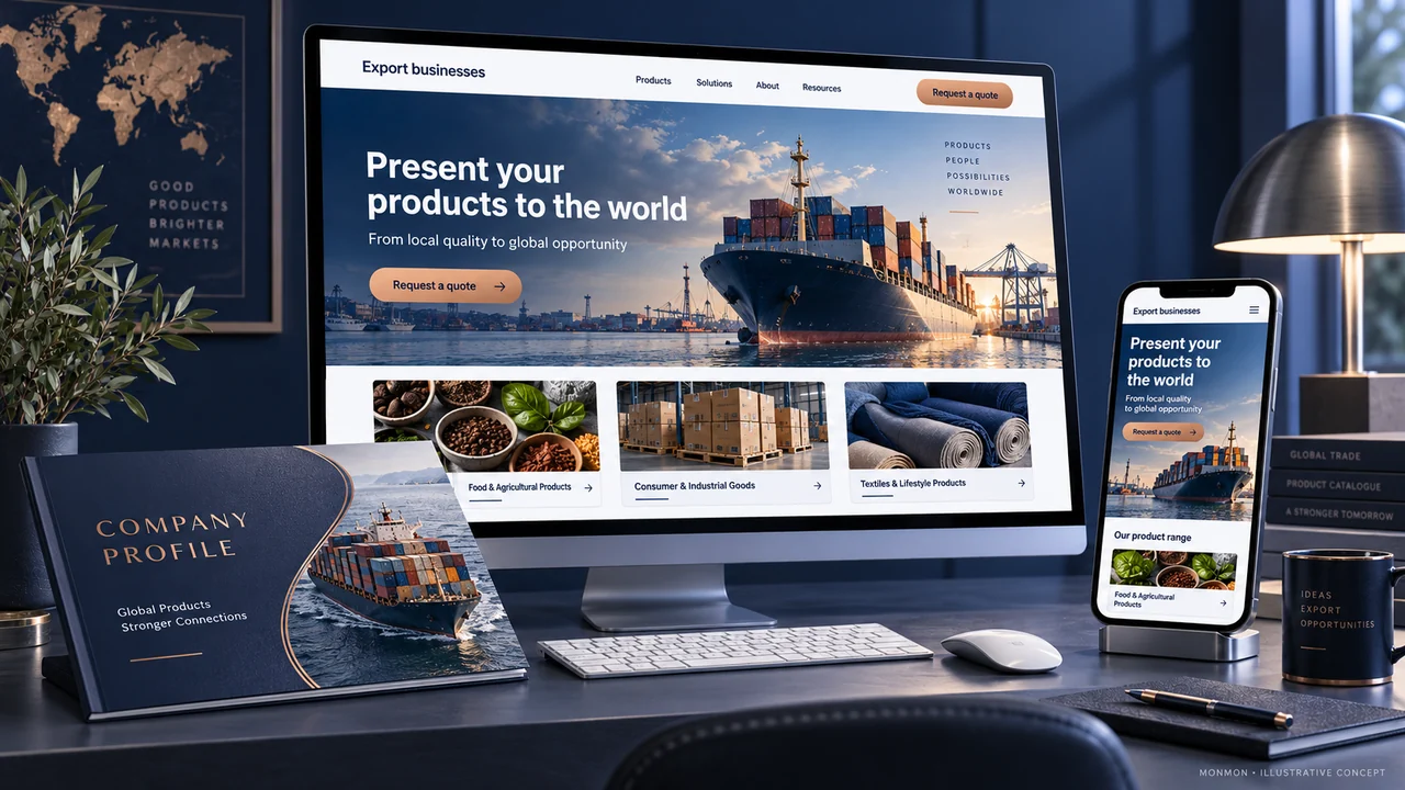 Illustrative desktop and mobile website design and company-profile cover for Export businesses